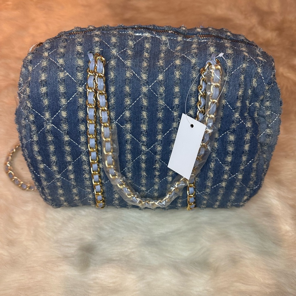 Quilted Denim Chain-Handle Women's Shoulder Bag - Blue - Picture 3 of 9